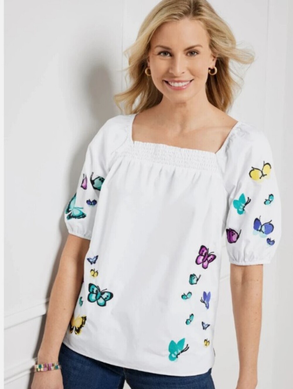 Talbots EMBROIDERED POPLIN TOP - SCATTERED BUTTERFLY Size S NWT
